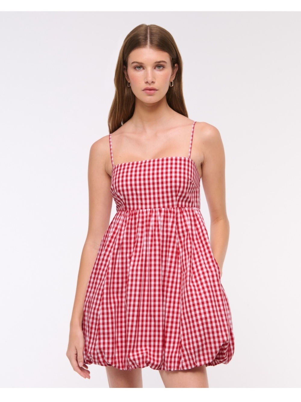 NWT Abercrombie Red Gingham Spaghetti Strap Bubble Hem Mini Dress